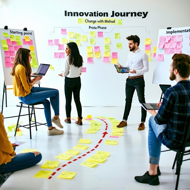 A group of people in a creative workshop setting surrounded by sticky notes whiteboards and digital tools like laptops and tablets Signs around the room read Starting Point Idea Phase Prototype Test and Implementation  symbolizing a journey A path or