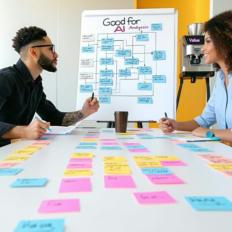 A meeting room with process maps on the walls On the table are colorful cards labeled with different administrative tasks Two people are analyzing a matrix labeled Good for AI vs Human essential In the background a flipchart reads Value Analysis A co-3