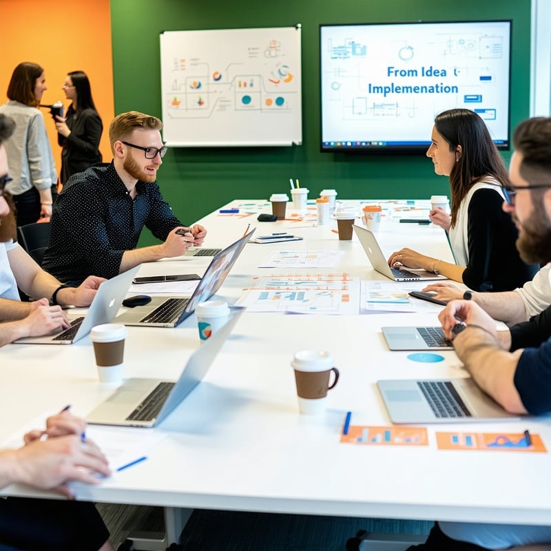 A project room where public administration staff are working together with external partners around a large table On the table are project plans laptops coffee cups and a few simple prototypes On the wall theres a sign that reads From Idea to Impleme