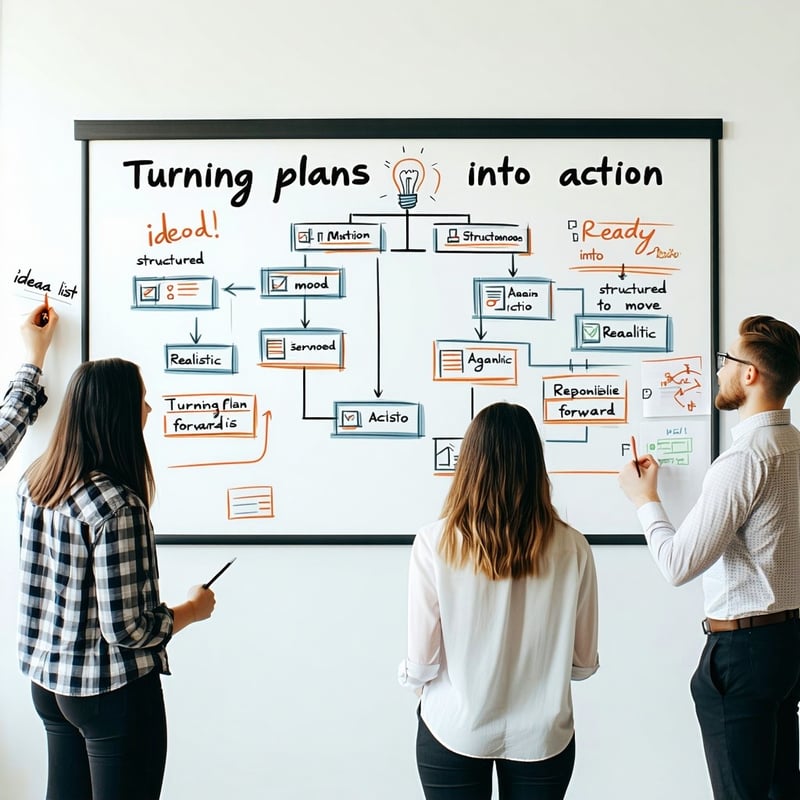 A whiteboard or screen shows a clear implementation roadmap with timelines responsibilities tool names and milestones Staff members are standing around it adding notes In the corner a crumpled piece of paper reads Idea list Next to it a big sign says-1